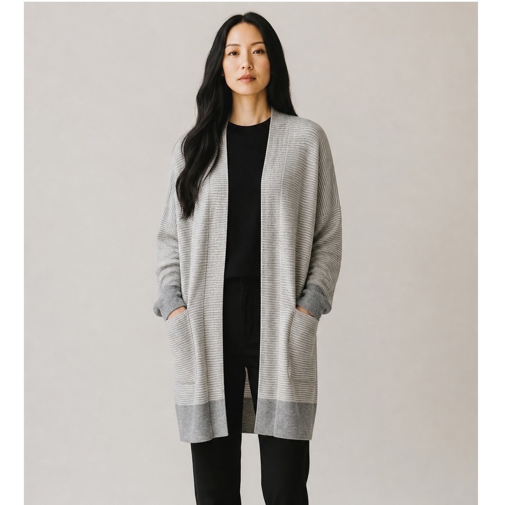 Eileen Fisher Organic Cotton Cashmere Striped Long Cardigan Grey XL XL/TG